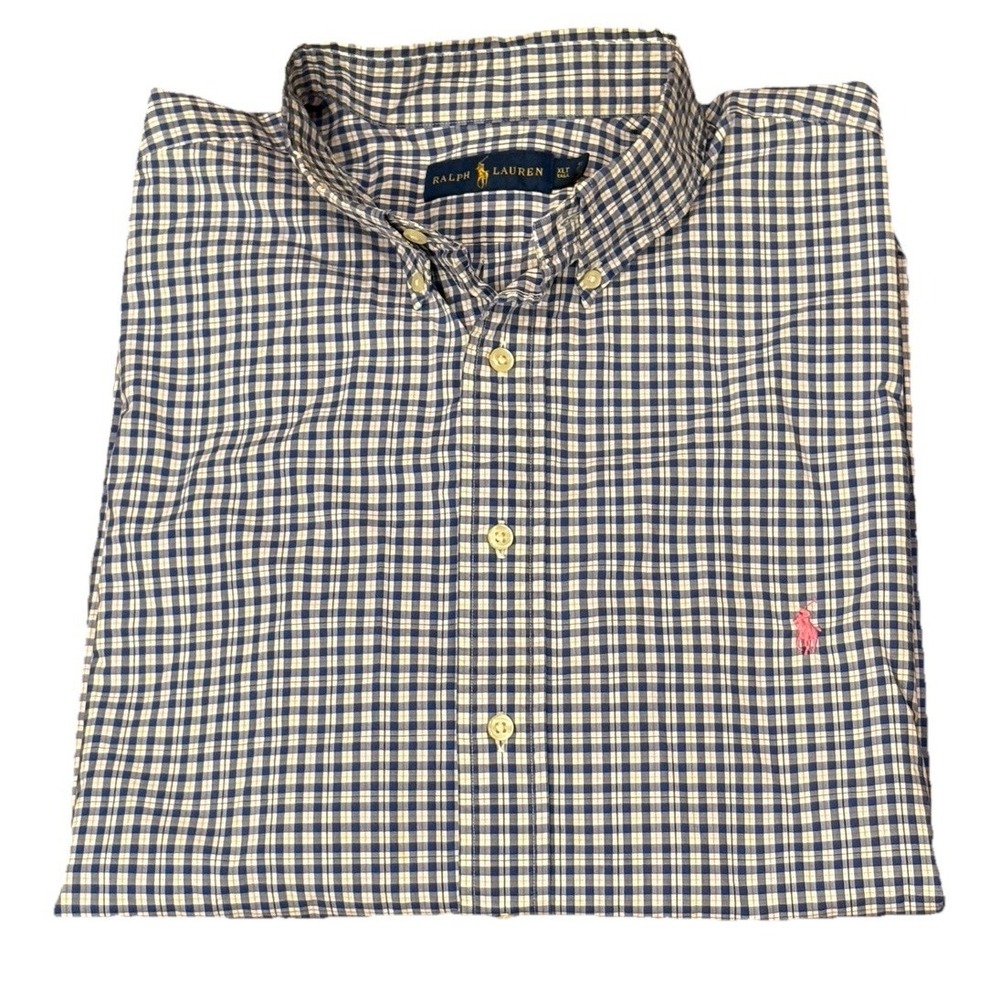Ralph Lauren Mens XLT Cotton Long Sleeve Button Down Blue White Check Pink Pony